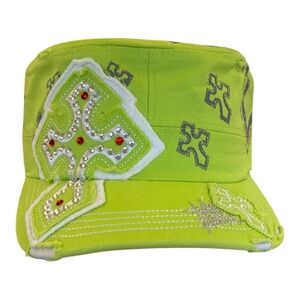 Y2K Neon Green Rhinestone Cross Distressed Cadet Cap